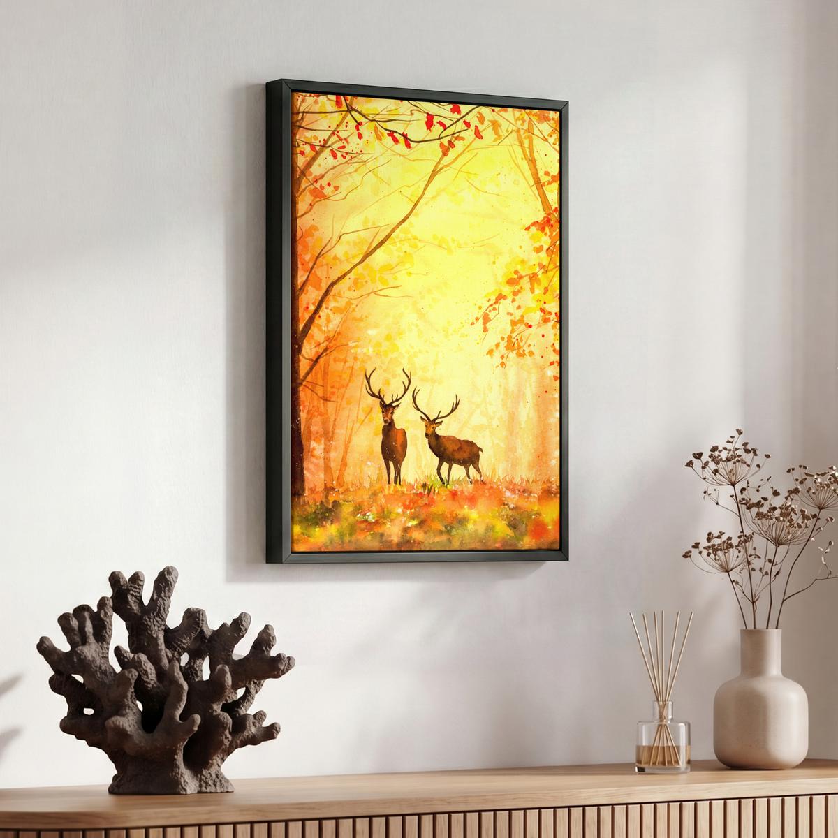 LEINWAND Bilder mit Rahmen - Natur - Ölfarbe - Hirsche - Tiere - Herbst - Orange - 30x40 - Orange, Textil (30/40cm) - MuchoWow