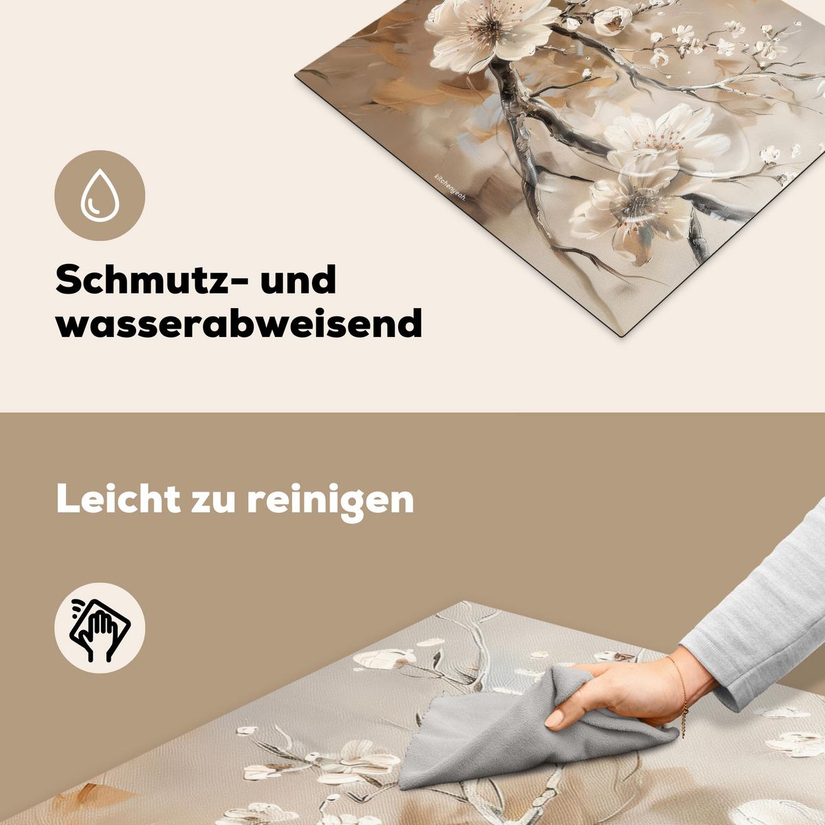 HERDABDECKPLATTE Blumen - Abstrakt - Gemalt - Beige Abdeckung Ceranfeld 57.6x51.6 cm - Kaschmir, Kunststoff (57.6/51.6/0.2cm) - MuchoWow