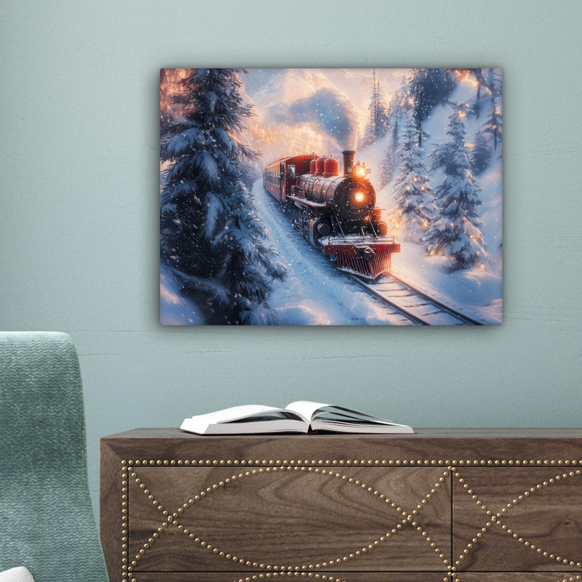 LEINWANDBILD Weihnachtszug - Schnee - Winter - Weihnachten Wandbild 40x30 cm - Dunkelrot, Textil (40/30cm) - MuchoWow