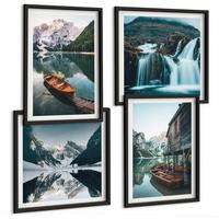 BILDER SET 4er Set - 50x50 cm & 40x60 cm Schwarzer Rahmen - Spiegelung der Boote auf Bergseen - Schwarz, Kunststoff (50/50cm) - TULUP