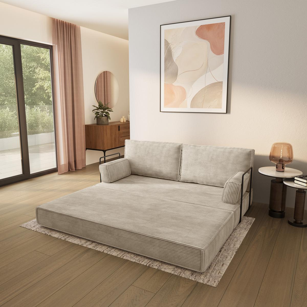 BETTSOFA SILAR aus Schaumstoff Kordstoff Creme Schlaffunktion - Creme, Textil (170/86/80cm) - MASSENO