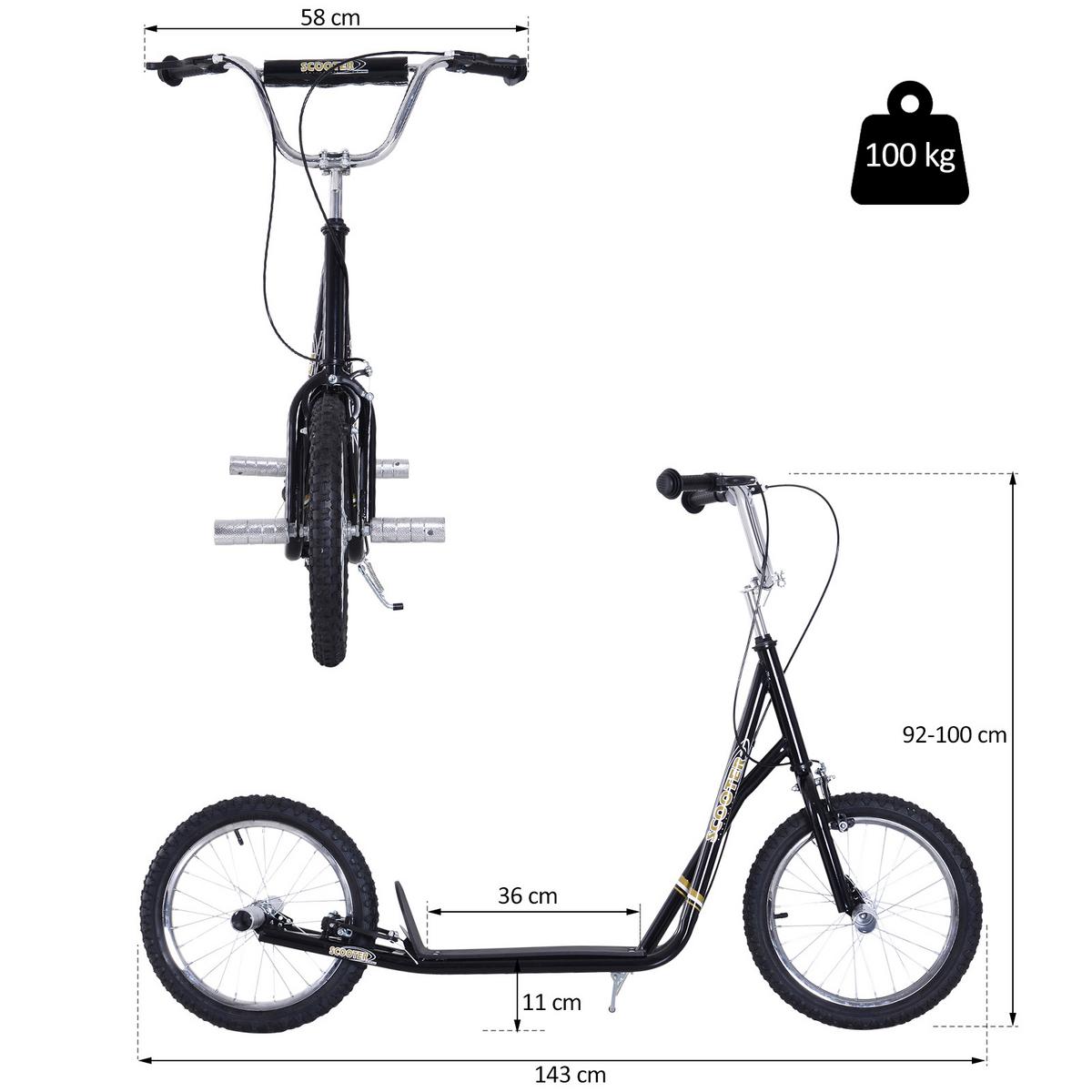 KINDERROLLER mit Luftreifen Scooter Roller Kinder Roller Kickboard 16'' Schwarz - Schwarz, Metall (143/58/100cm) - HOMCOM