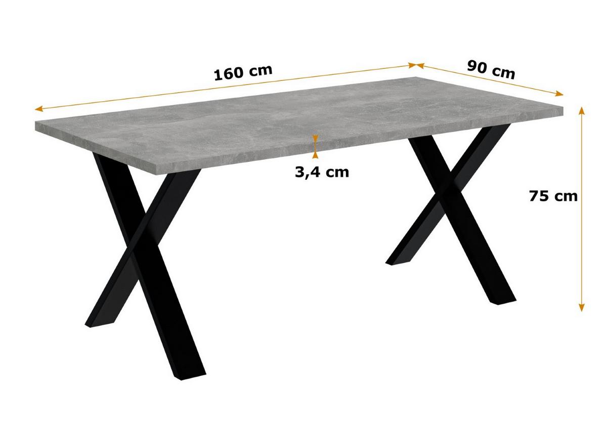 ESSTISCH 160x90x75 cm - Betonoptik / Schwarz - KLYN X - Grau, Holzwerkstoff (160/90/75cm) - ALTDECOR