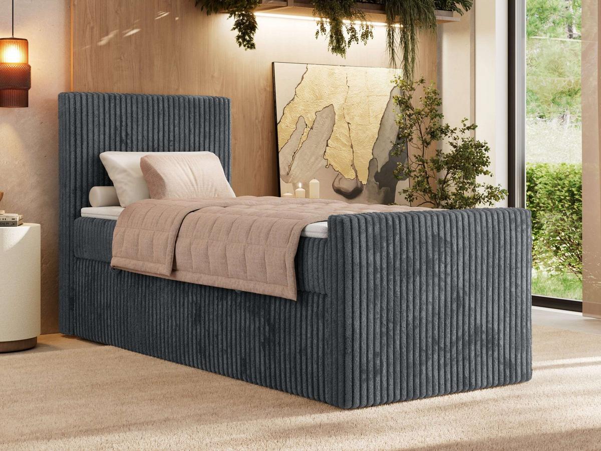 BOXBETT TILIANO DUO 90/200 - Grau Cord - H3 - Topper Visco - Links Seite - Grau, Textil (200/90cm) - MKS