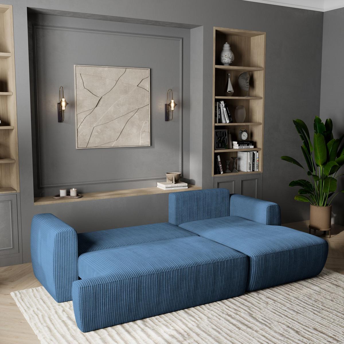 ECKSOFA SENTI P R-S Blau Kordstoff mit Schlaffunktion - Blau/Schwarz, Holz/Kunststoff (246/148cm) - MASSENO