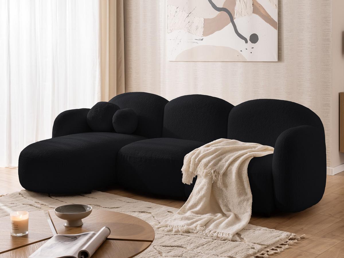 ECKSOFA Nuvola mit abgerundetem Design Schwarz Bouclé-Stoff - Ottomane Links - Schwarz, Holz/Kunststoff (268/146cm) - S-Style