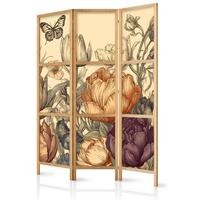 PARAVENT Japanischer 3-tlg 135x172 cm Bunte Blumen Retro - Multicolor, Holz/Textil (135/172/3cm) - Muralo