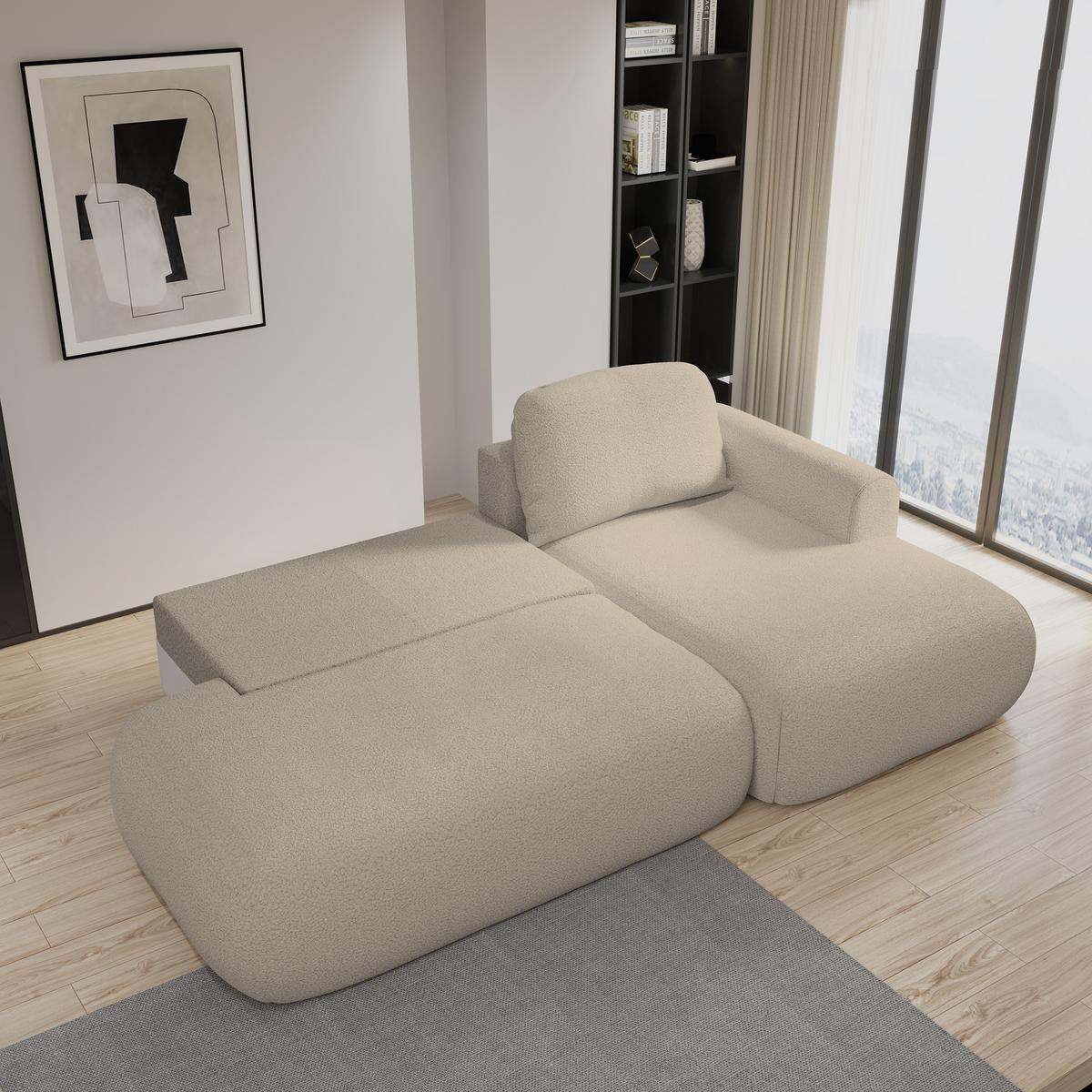 ECKSOFA NUVIRA R-S Beige Boucle-Stoff mit Schlaffunktion - Beige, Holz (279/158cm) - MASSENO