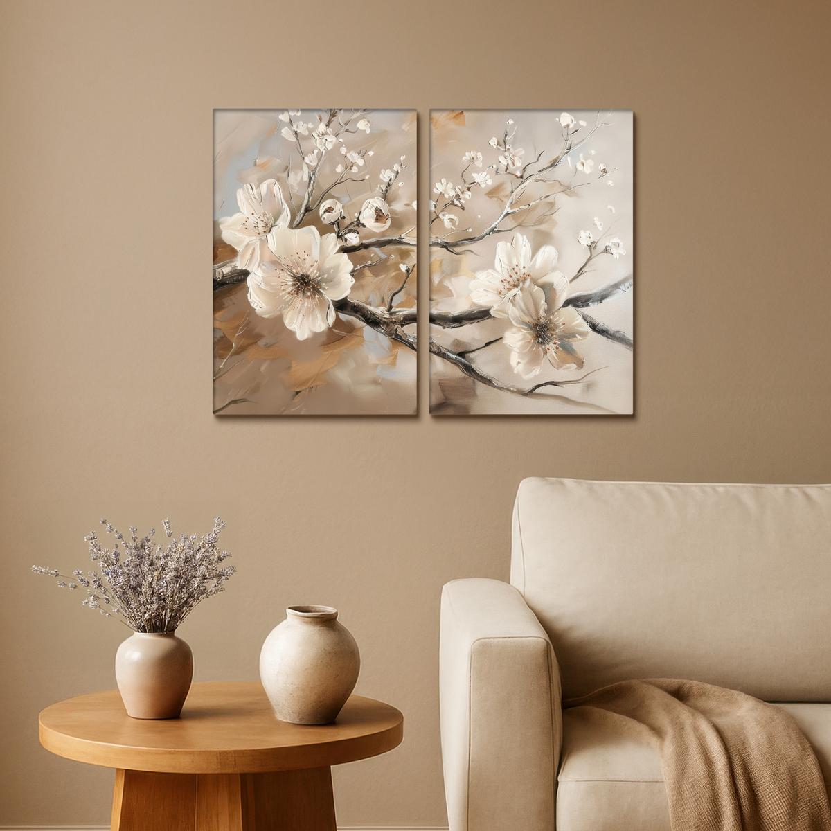 LEINWANDBILD 2er Set Blüte - Beige - Abstrakt - Blumen 80x60 cm - Hellbraun, Textil (80/60cm) - MuchoWow
