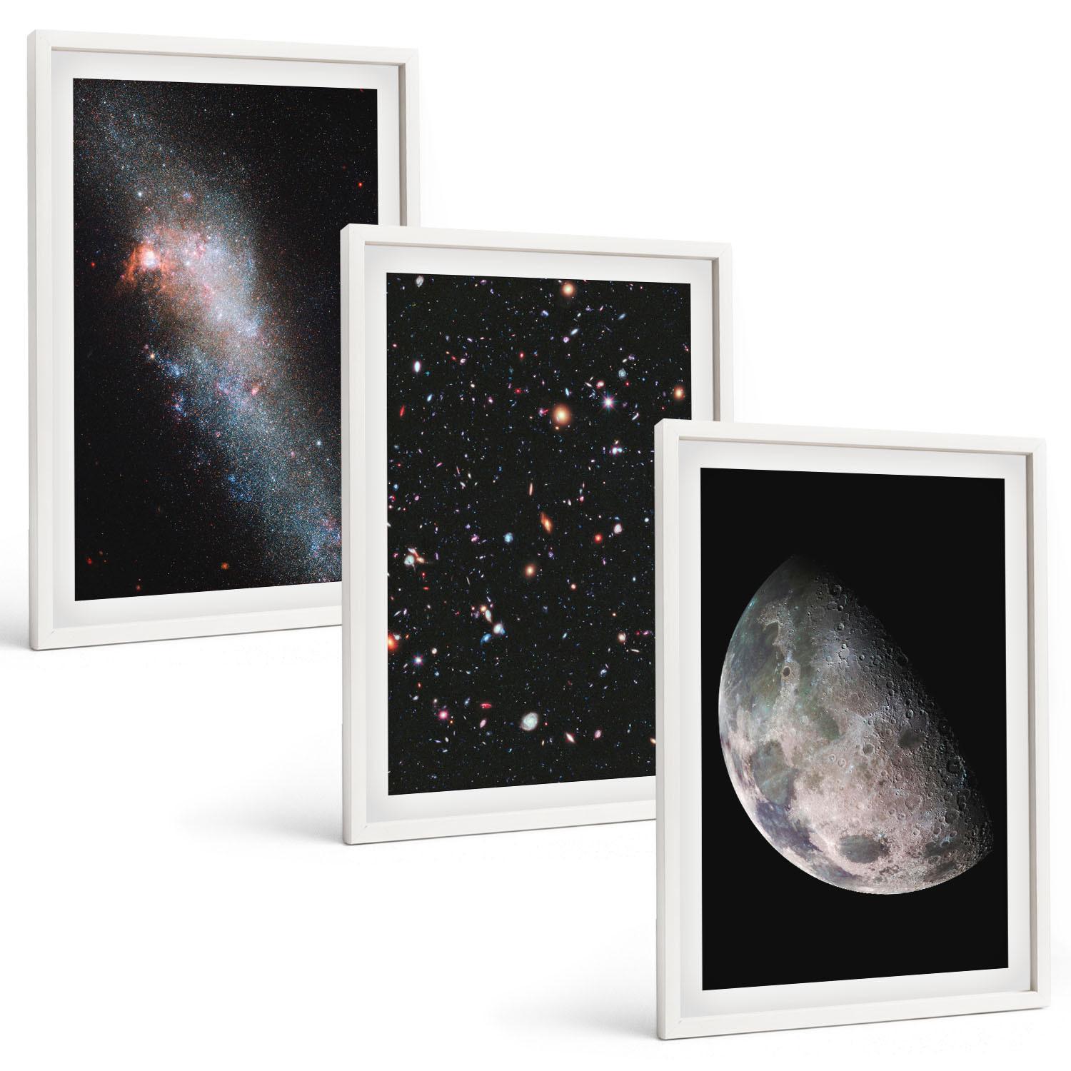 BILDER SET 3er Set - 40x60 cm Weißer Rahmen - Weltraum Galaxien Sterne Mond - Weiß, Kunststoff (40/60cm) - TULUP