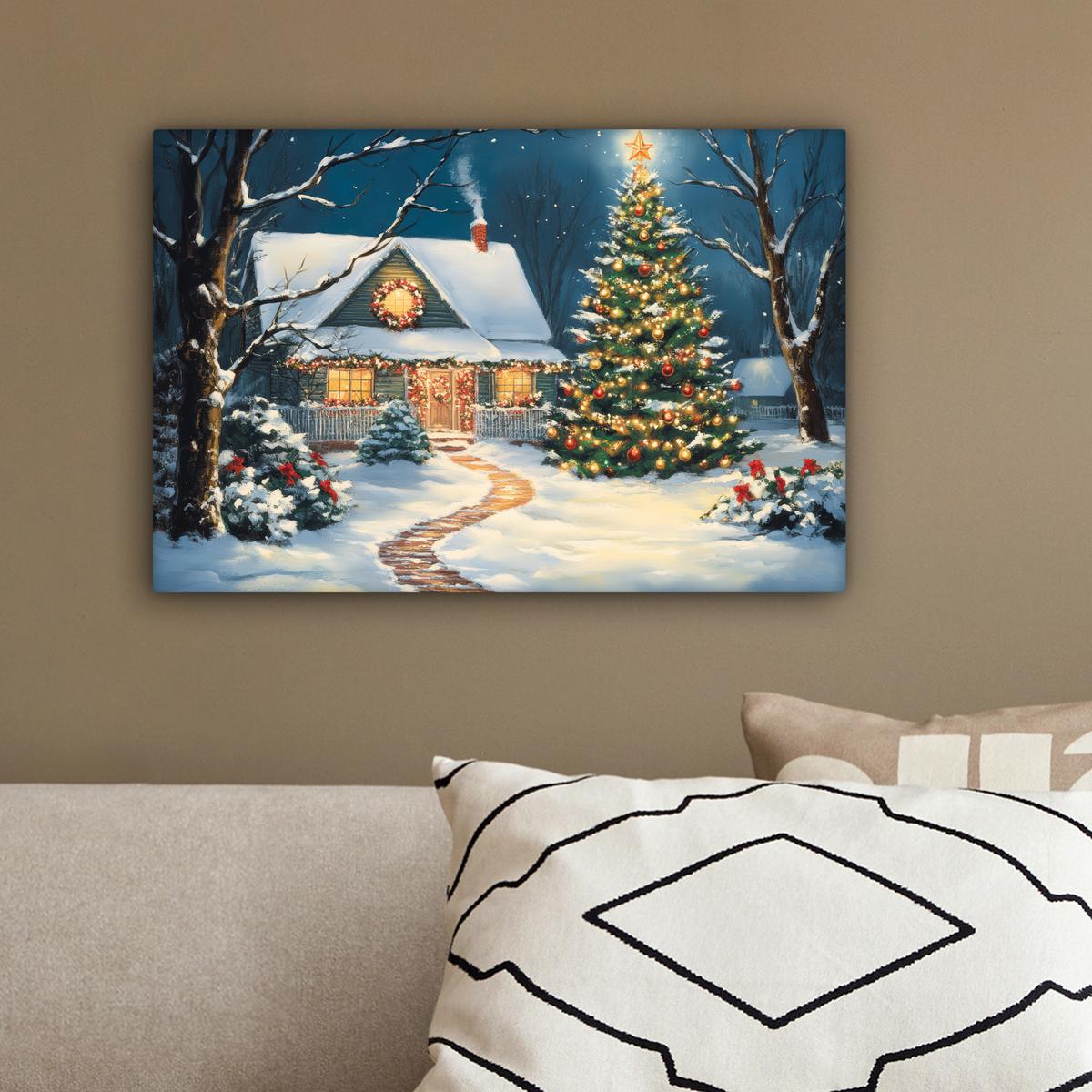 LEINWANDBILD Weihnachten - Weihnachtsbaum - Winter - Zuhause - Schnee Deko Schlafzimmer 30x20 cm - Smaragdgrün, Textil (30/20cm) - MuchoWow