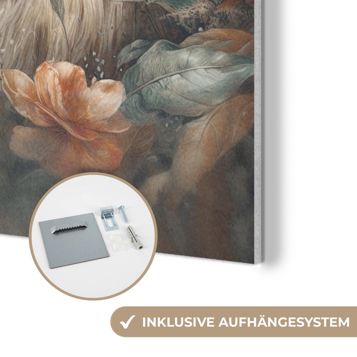 AKUSTIKBILD Löwe - Wildtiere - Pflanzen - Natur - Blumen Kunstdruck Schlafzimmer 50x70 cm - Beige, Kunststoff (50/70/0.9cm) - MuchoWow