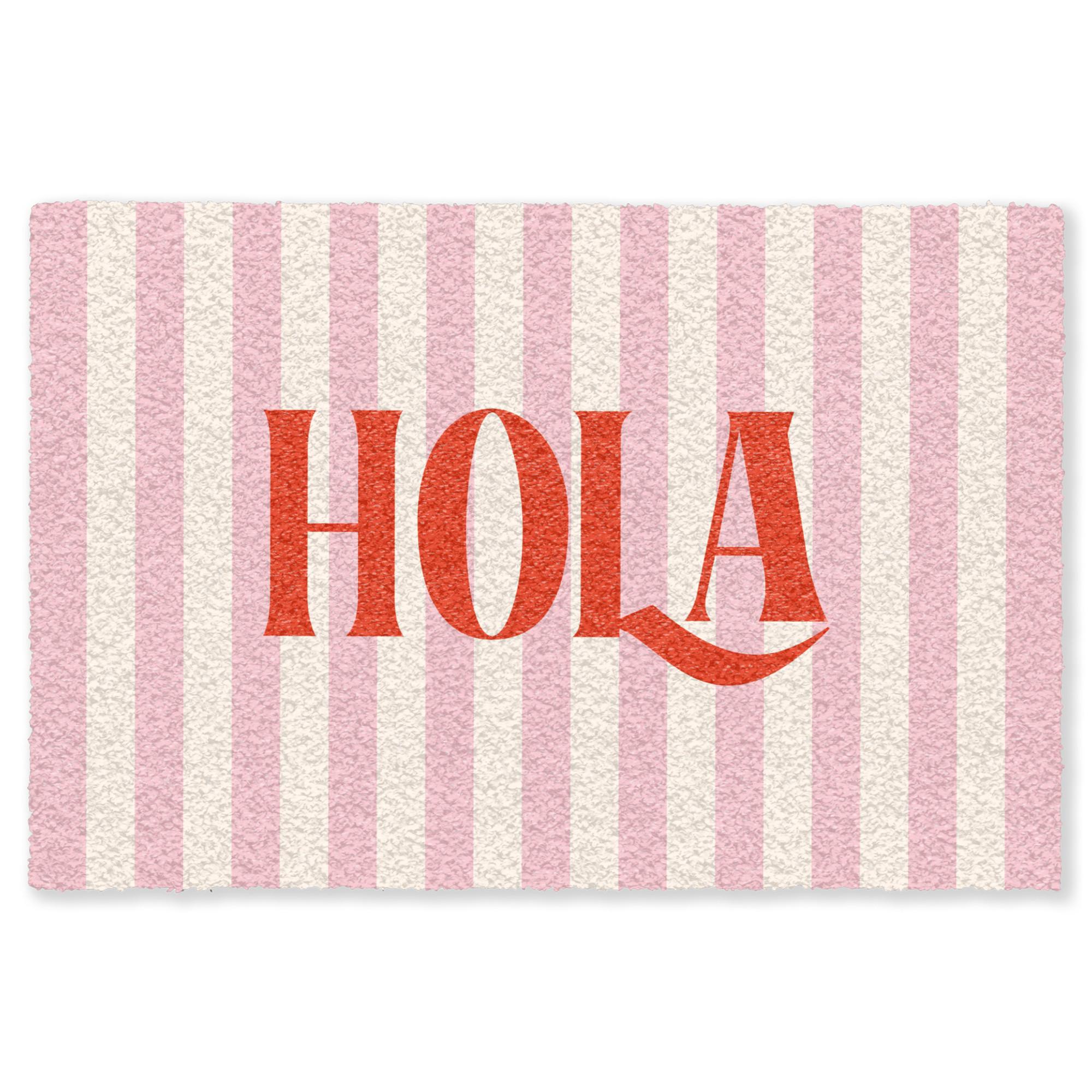 FUSSMATTE Hola - Zitat - Streifen - Pastell - Rosa - Rot - Weiß Schmutzfangmatte 60x40 cm - Rosa, Kunststoff (60/0.4cm) - MuchoWow