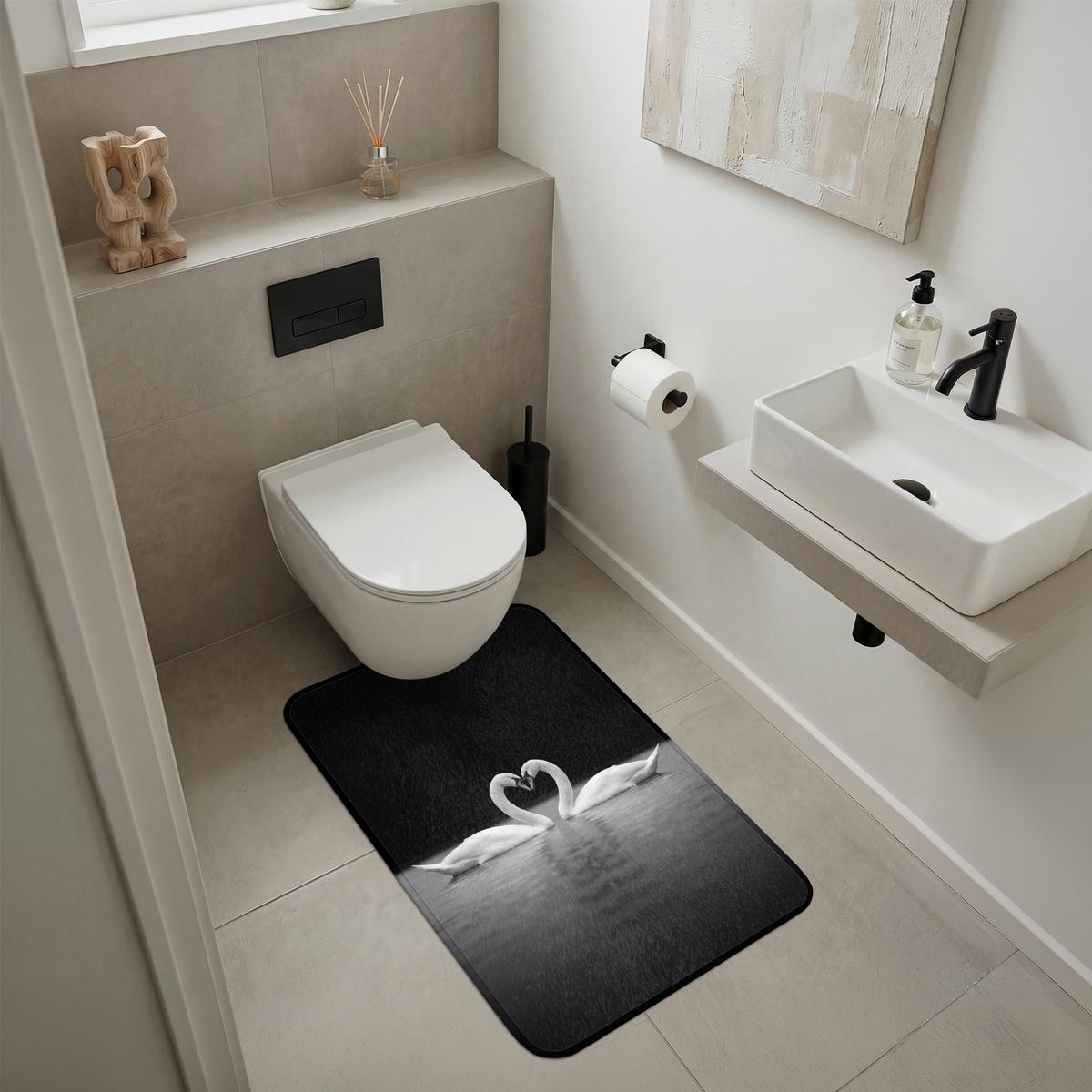 BADEMATTE Schwäne - Herz - Schwarz - Weiß 60x90 cm - Schwarz, Textil (60/90cm) - OnlyWow