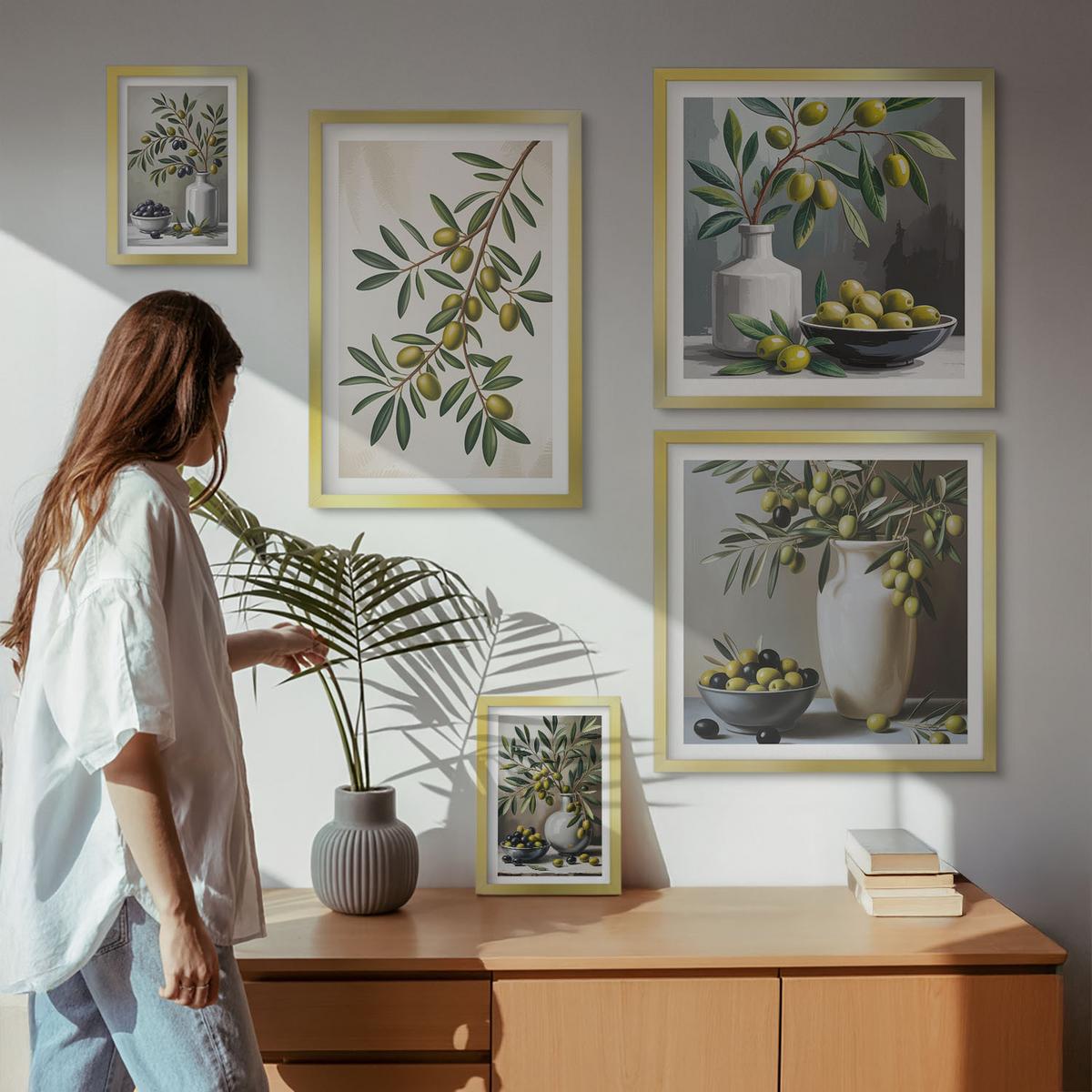BILDER SET 5er Set - 50x50 cm & 20x30 cm & 40x60 cm Goldrahmen - Oliven in grauen Vasen - Goldfarben, Kunststoff (40/60cm) - TULUP