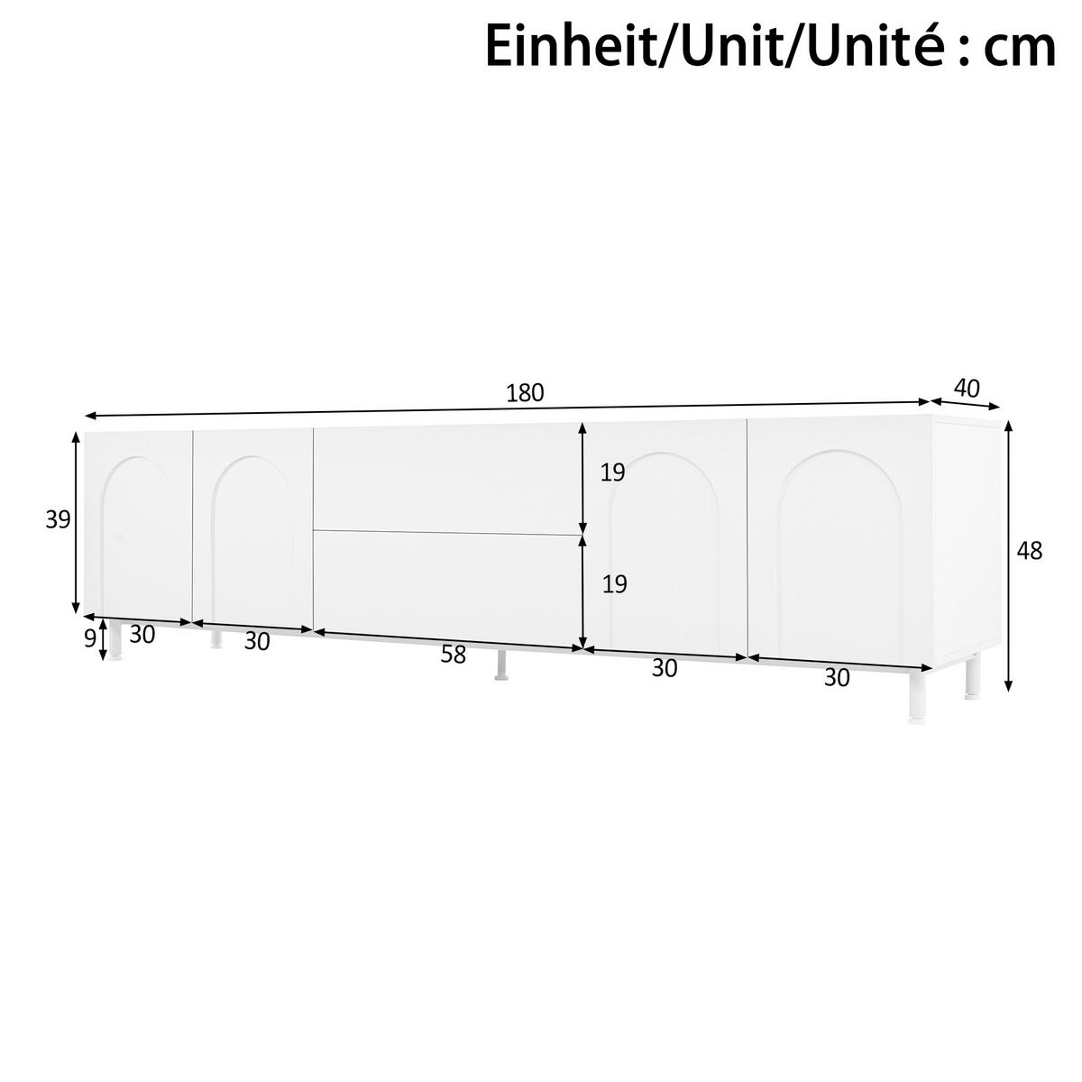TV-LOWBOARD Weiß 180cm mit 4 Türen & 2 Schubladen im Bogen-Design - Weiß, Holzwerkstoff (180/48/40cm) - Urban Meuble