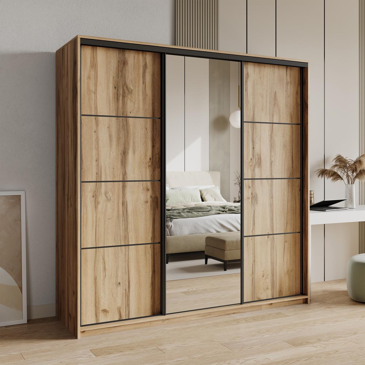 SCHWEBETÜRENSCHRANK VARO 200/205/60 cm 3-türig mit Spiegel Eiche Wotan - Eiche Wotan, Holzwerkstoff (200/205/60cm) - MASSENO