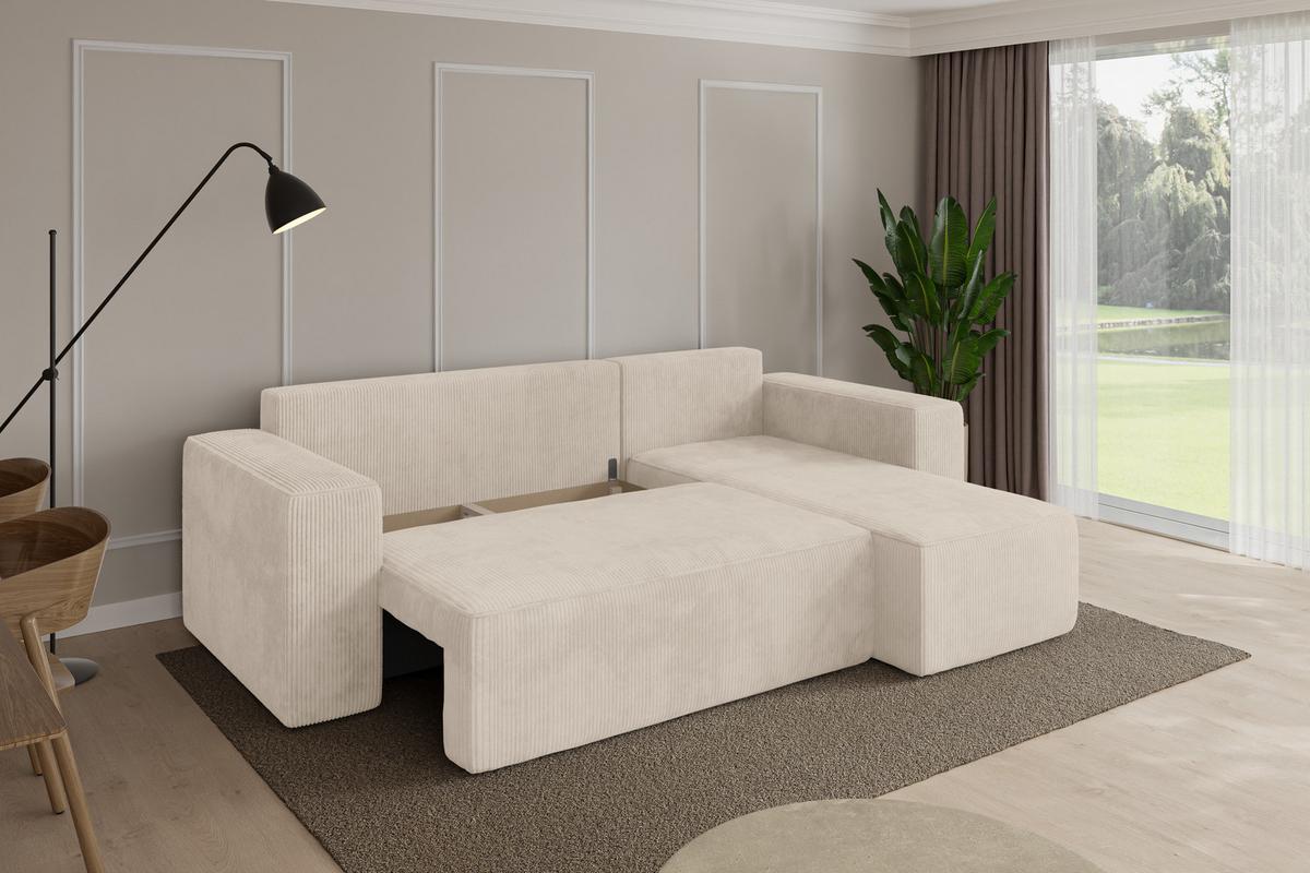 ECKSOFA mit Schlaffunktion Ottomane Rechts SENO-L 249x139x85 Beige Cord - Beige/Schwarz, Holzwerkstoff/Kunststoff (249/139cm) - ALTDECOR