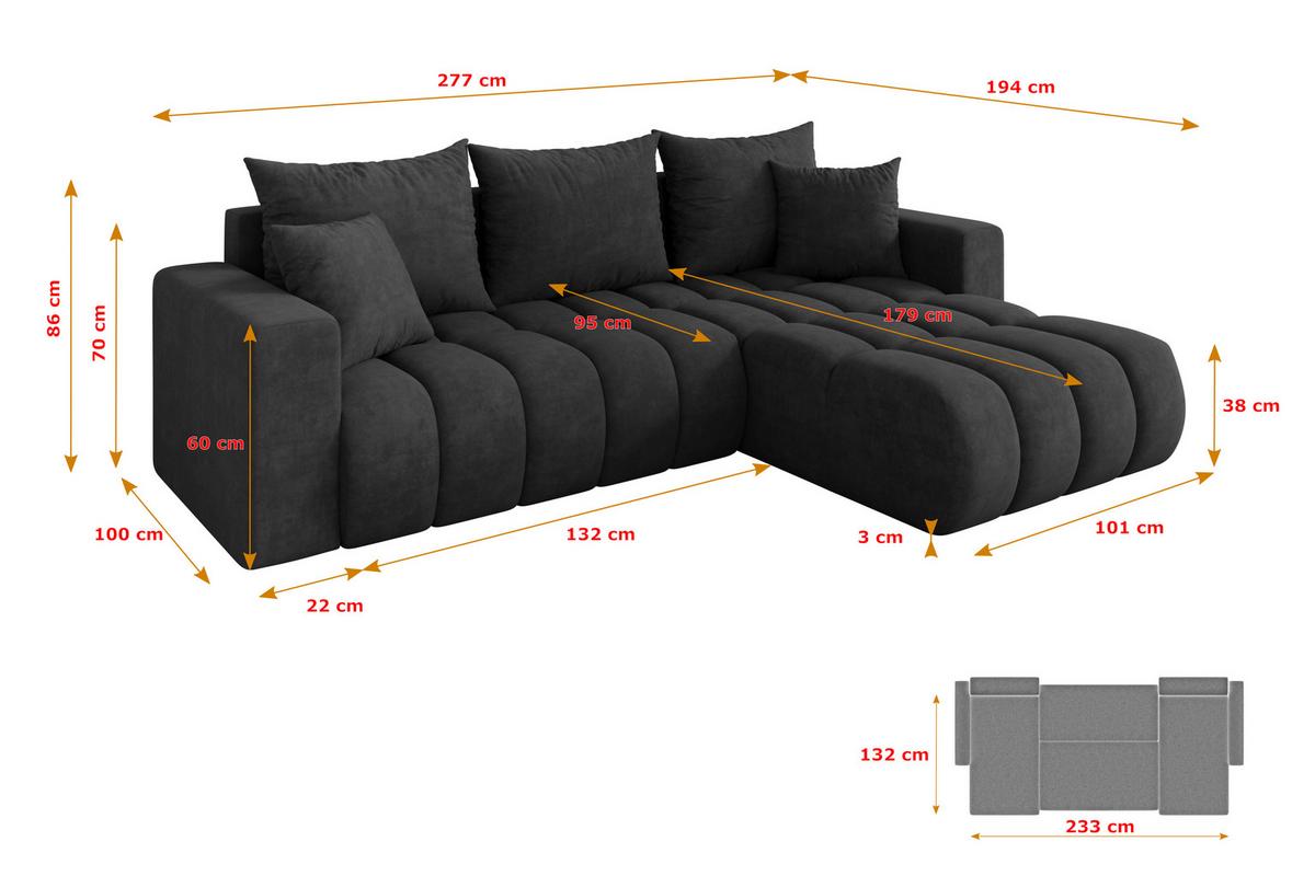ECKSOFA mit Schlaffunktion Ottomane Rechts MILA-L-v1 277x195x86 Dunkelgrau Velours - Anthrazit/Schwarz, Holzwerkstoff/Kunststoff (277/194cm) - ALTDECOR