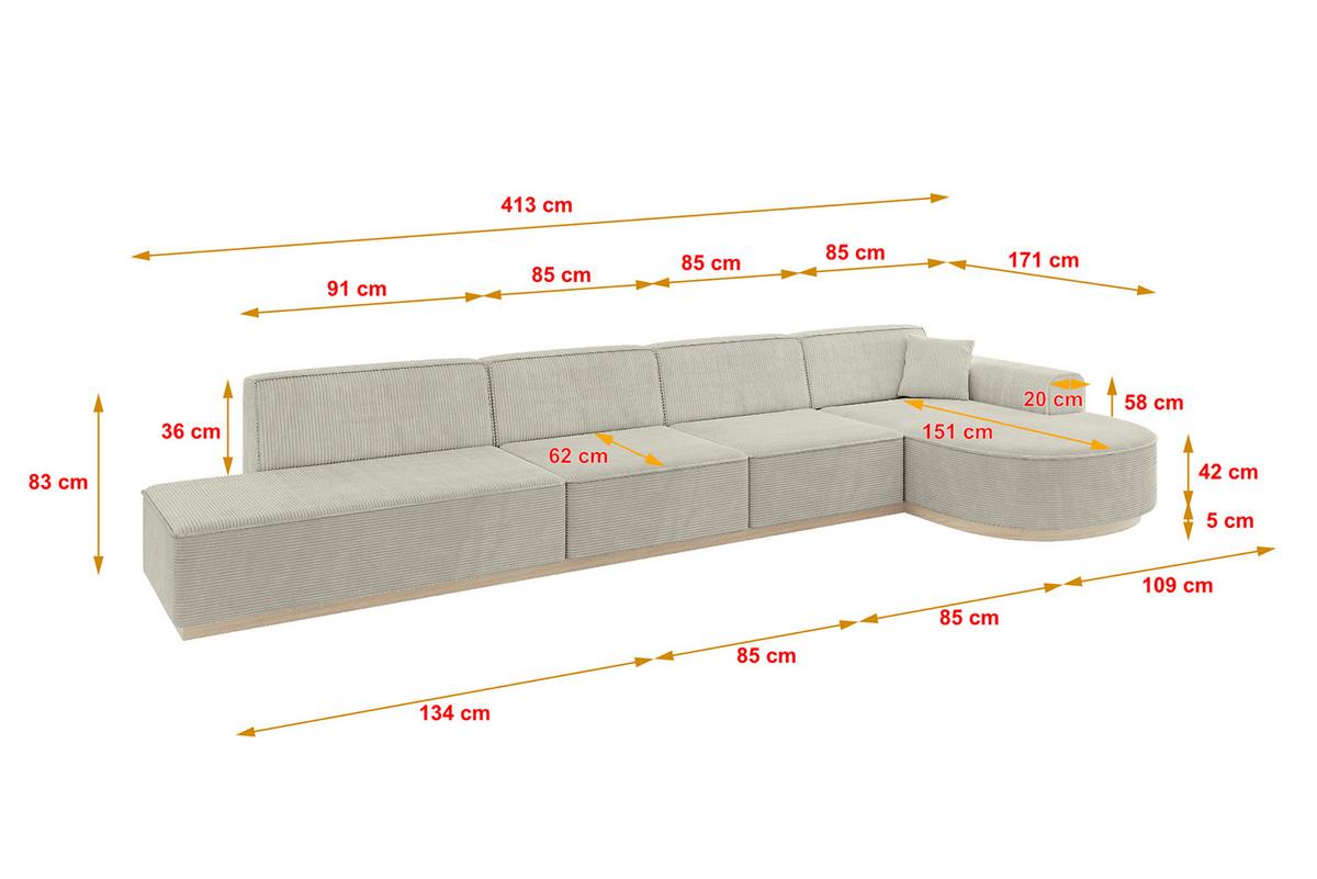ECKSOFA Ottomane Rechts ARRIO-L3 - 413x171x83 cm Creme - Hellgrau/Creme, Holzwerkstoff/Textil (413/171cm) - ALTDECOR