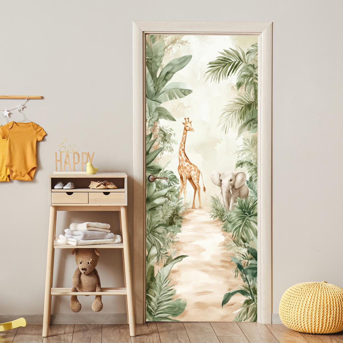 TÜRAUFKLEBER Dschungel - Giraffe - Elefant - Grün - Natur 80x215 cm - Türtapete - Eukalyptusholzfarben, Kunststoff (80/0.1cm) - MuchoWow