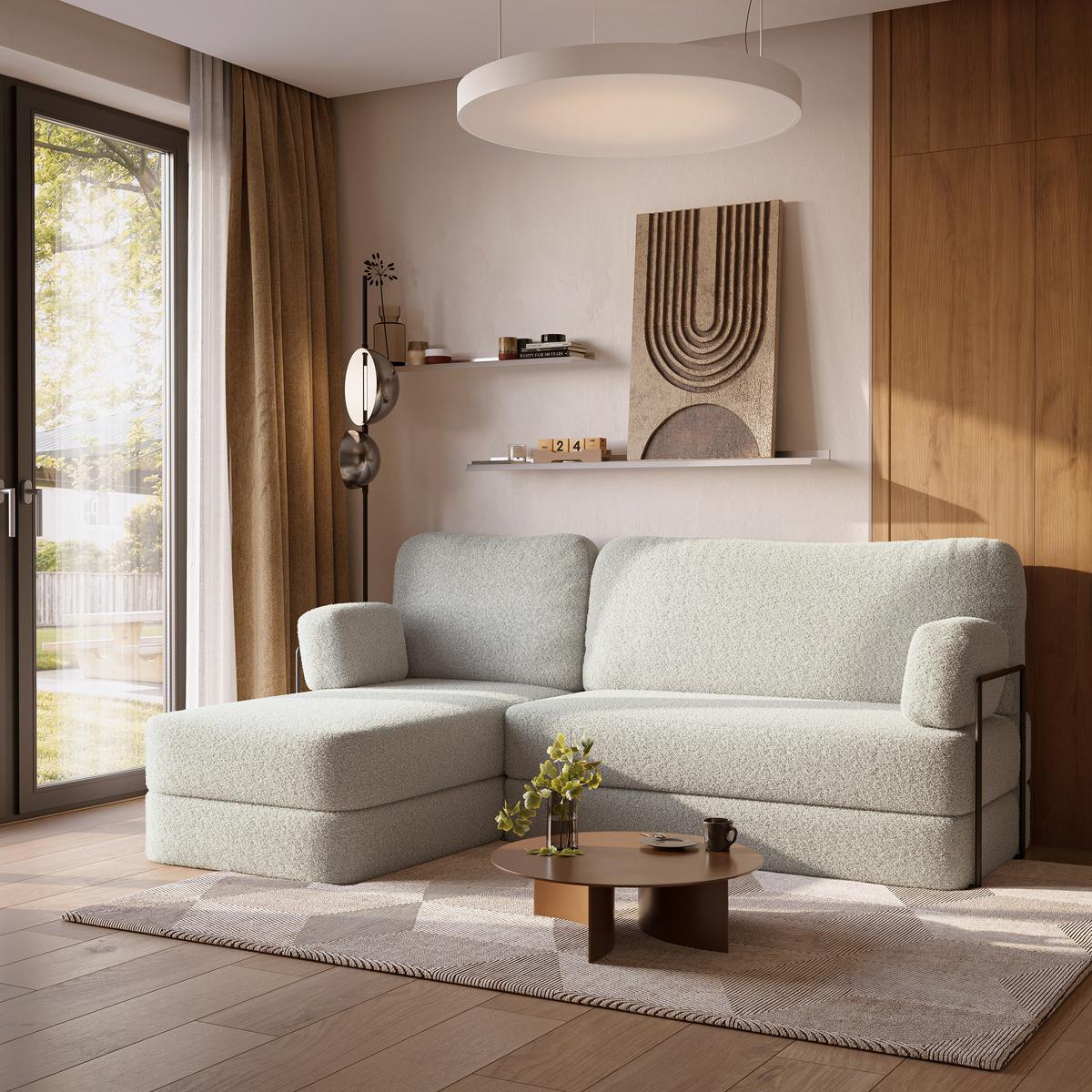 ECKSOFA SABI modulares Boneless Sofa mit Schlaffunktion Hellgrau Boucle-Stoff - Hellgrau, Textil (200/120cm) - MASSENO