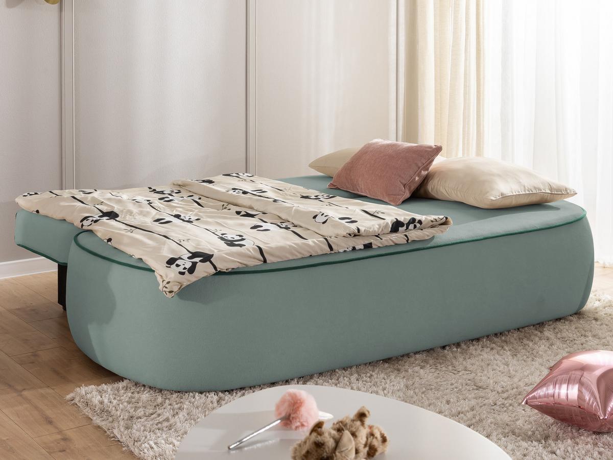 KINDERSOFA Vero im modernen und abgerundeten Design mit Schlaffunktion und Bettkasten aus Blaugrau Plüschstoff mit petrolfarbener Paspel - Blaugrau/Schwarz, Holz/Kunststoff (210/90/98cm) - S-Style Möbel