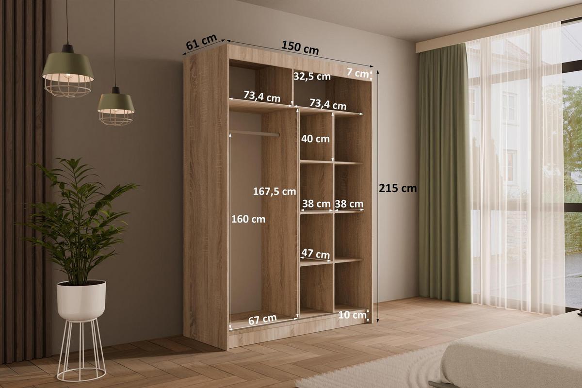 KLEIDERSCHRANK mit Lamel-Schiebetüren VILANv2 - 150 cm Sonoma Eiche + Lamelle Eiche Wotan - Eiche Wotan/Sonoma Eiche, Holzwerkstoff (150/215/61cm) - ALTDECOR