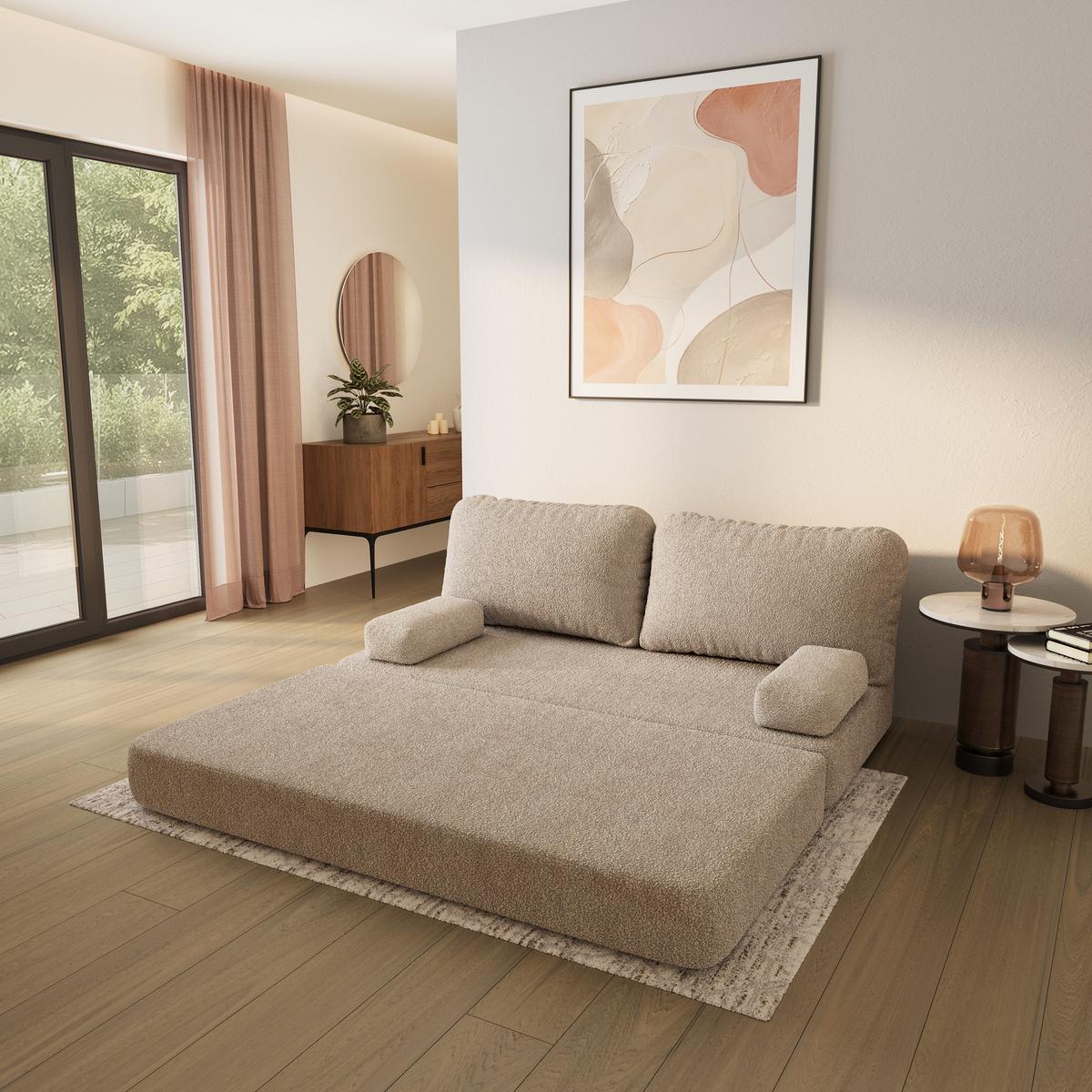 BETTSOFA NIKSI aus Schaumstoff Bucle-Stoff Beige Schlaffunktion - Beige, Textil (170/86/80cm) - MASSENO