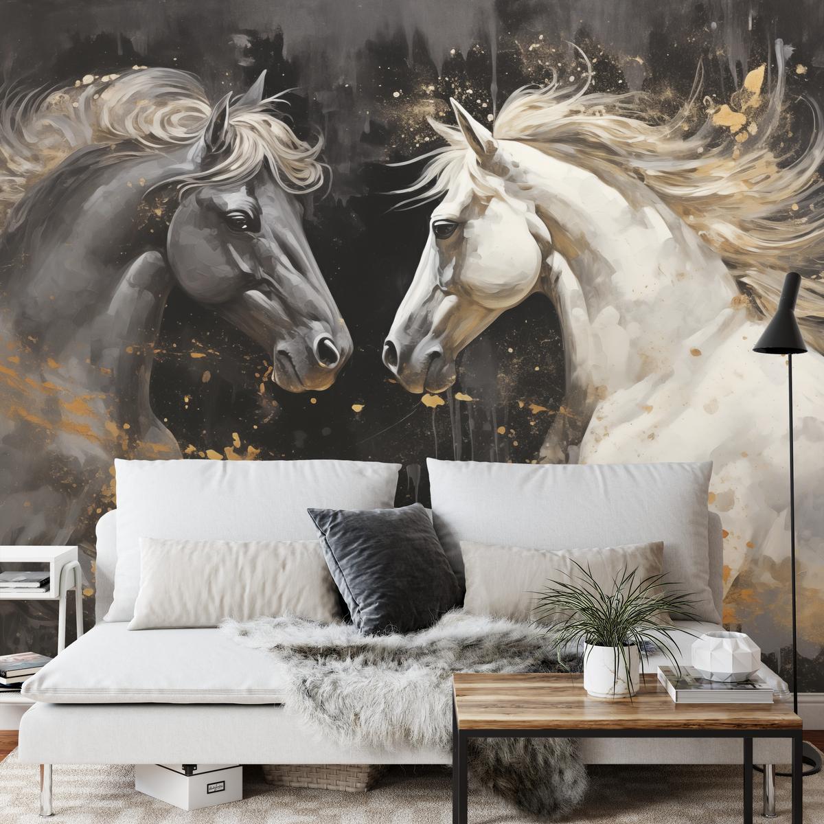 FOTOTAPETE für Büro Schwarz-Weiß Pferd Aquarell Goldakzente Eleganz 350x256 - Beige/Schwarz, Papier (350/256cm) - Muralo