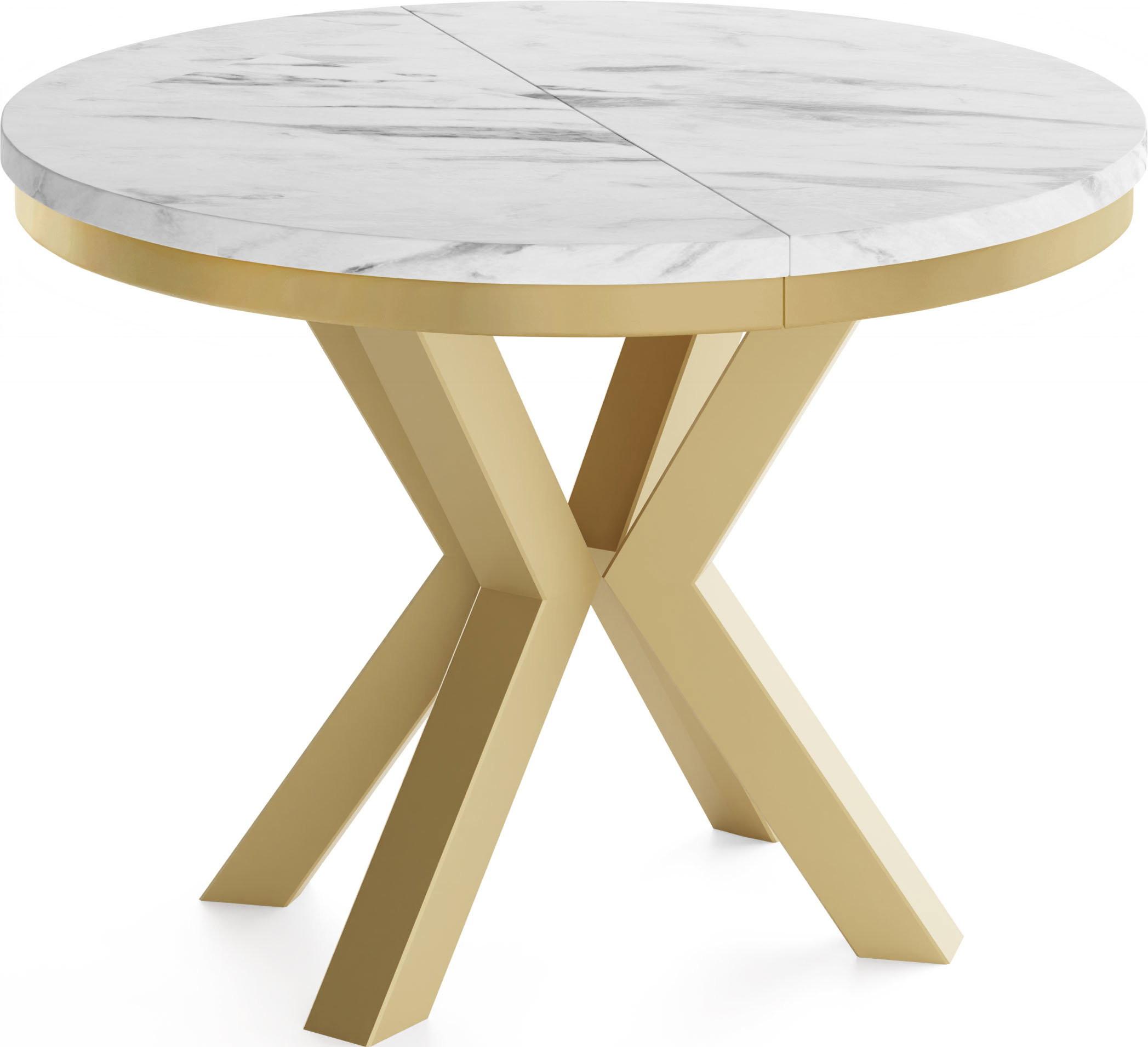 ESSTISCH Clara Gold runder ausziehbarer, Marmor Weiß 100-180/100/76 cm - Ecru/Goldfarben, Holzwerkstoff/Metall (100/176/76cm) - WFL GROUP