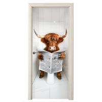 TÜRAUFKLEBER Scottish Highlander - Zeitung - WC - Tier Fototapete 75x205 cm - Türtapete - Weiß, Kunststoff (75/0.1/205cm) - MuchoWow
