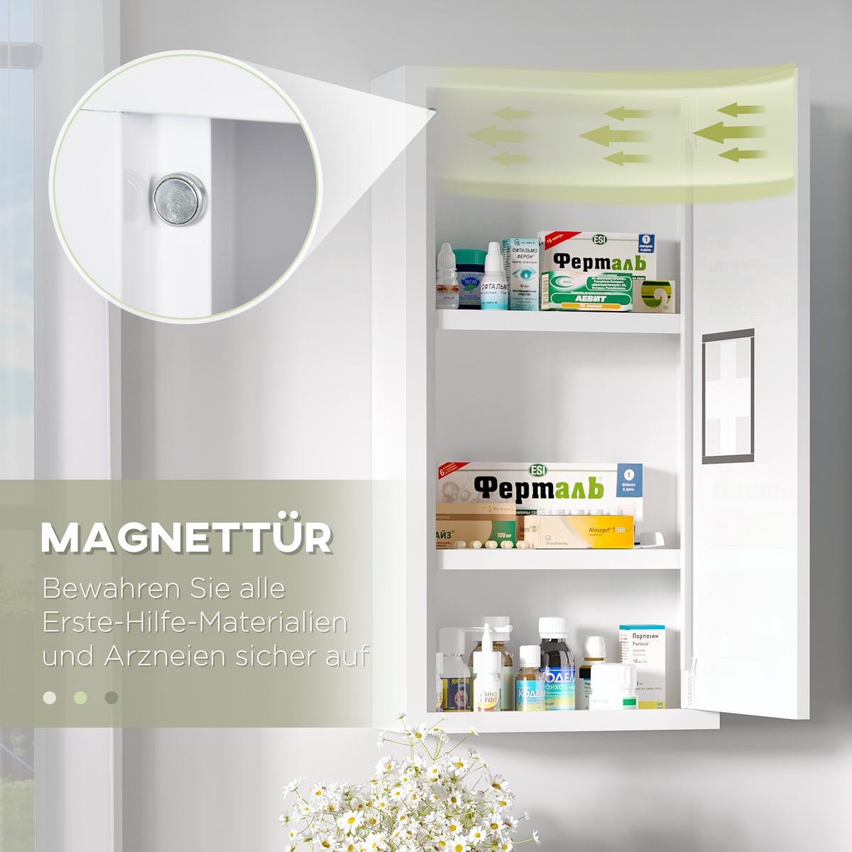 MEDIZINSCHRANK, Erste Hilfe , mit 3 Innenfächern, Magnetverschluss, Stahl, Weiß - Weiß, Metall (12/60/30cm) - Kleankin