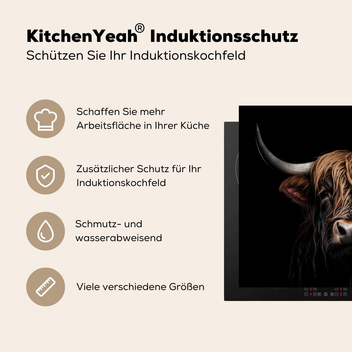 HERDABDECKPLATTE Schottischer Highlander - Porträt - Schwarz - Tier Herdabdeckung Induktionsfeld 65x52 cm - Braun, Kunststoff (65/52/0.2cm) - MuchoWow