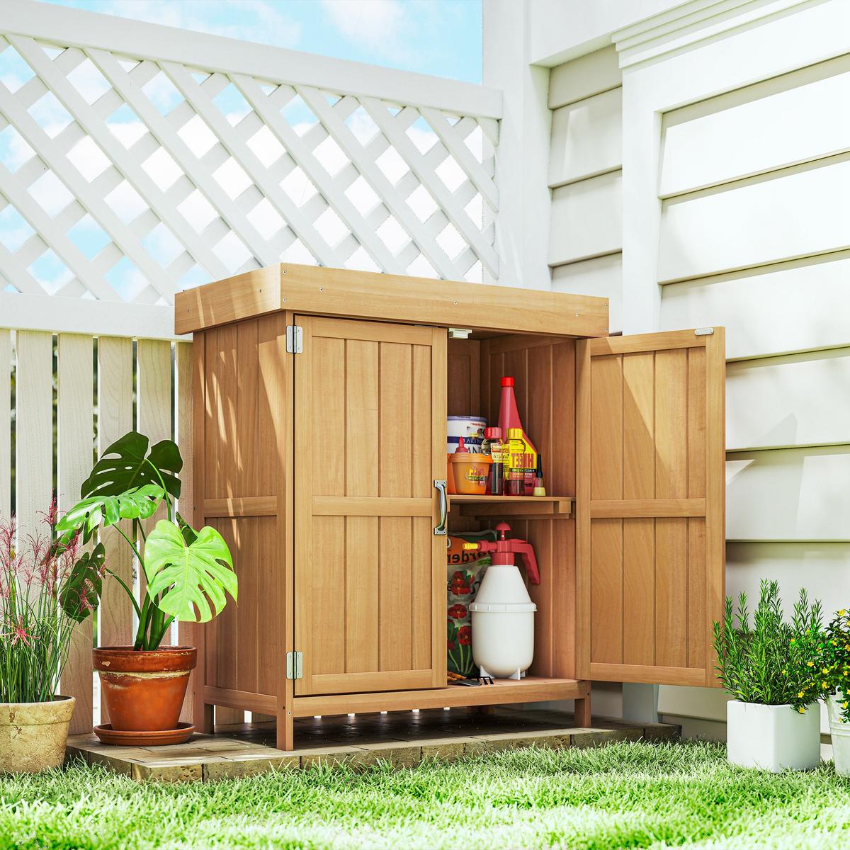 GARTENSCHRANK Geräteschuppen mit Doppeltür, 2 Fächern, wetterfest, Tannenholz, Natur - Fichtefarben, Holz (43/88/74cm) - Outsunny