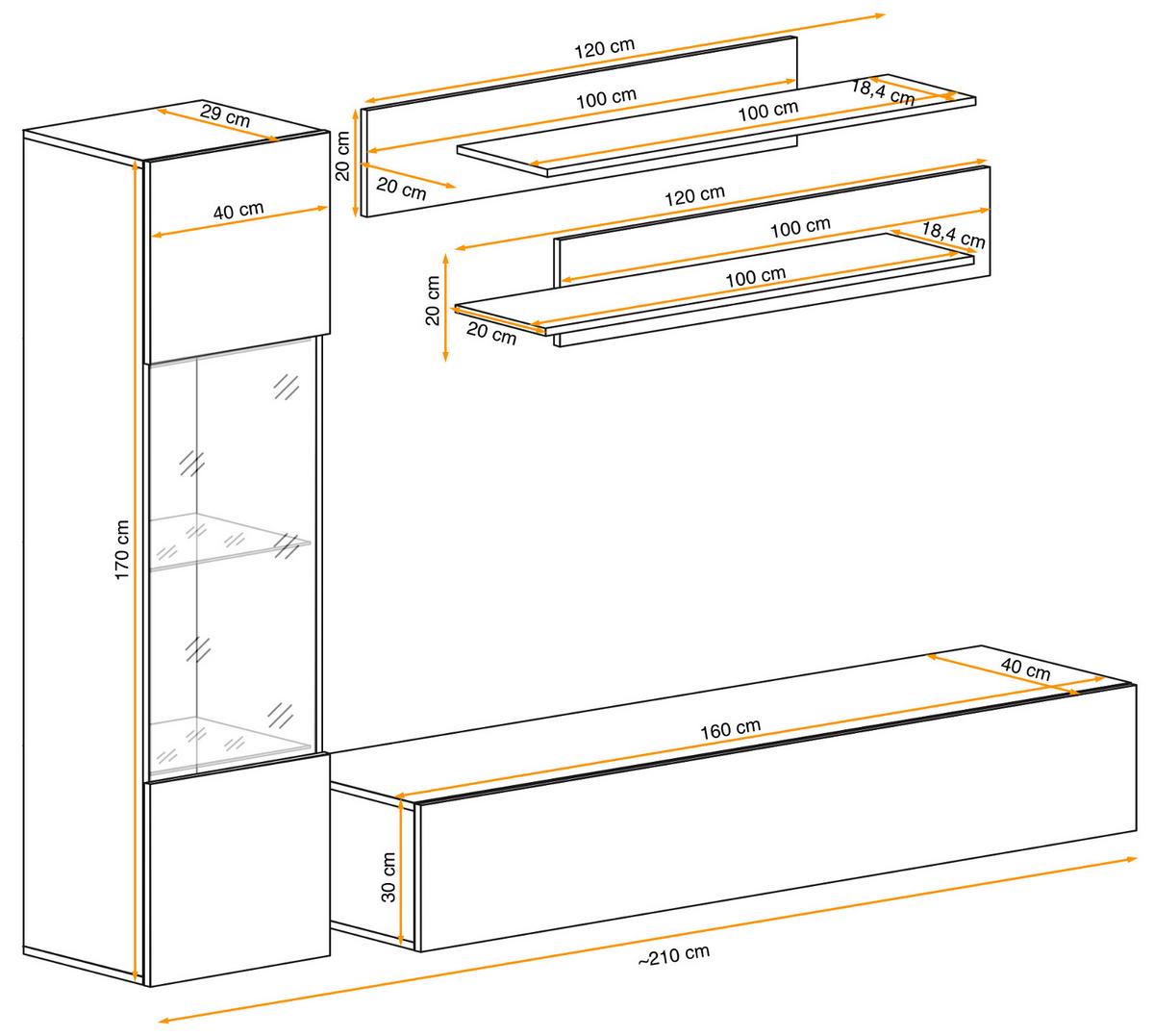 WOHNWAND Eiche Jackson 210 cm 4-teilig hängend, Schrwankwand mit LED-Beleuchtung - Eichefarben, Glas/Holzwerkstoff (210/170/40cm) - Inn.Furn