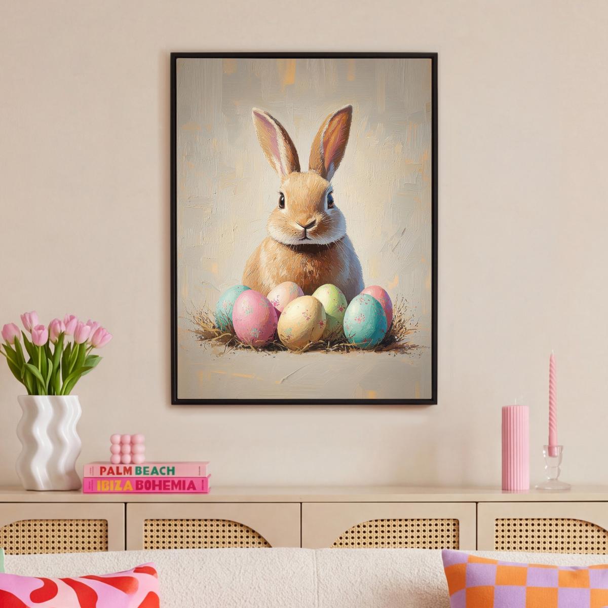 LEINWAND Bilder mit Rahmen - Osterhase - Pastell - Eier - 70x100 - Beige, Textil (70/100cm) - MuchoWow