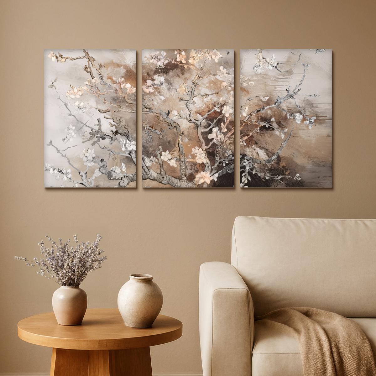 LEINWANDBILD 3er Set Mandelblüte - Abstrakt - Beige 120x60 cm - Beige, Textil (120/60cm) - MuchoWow
