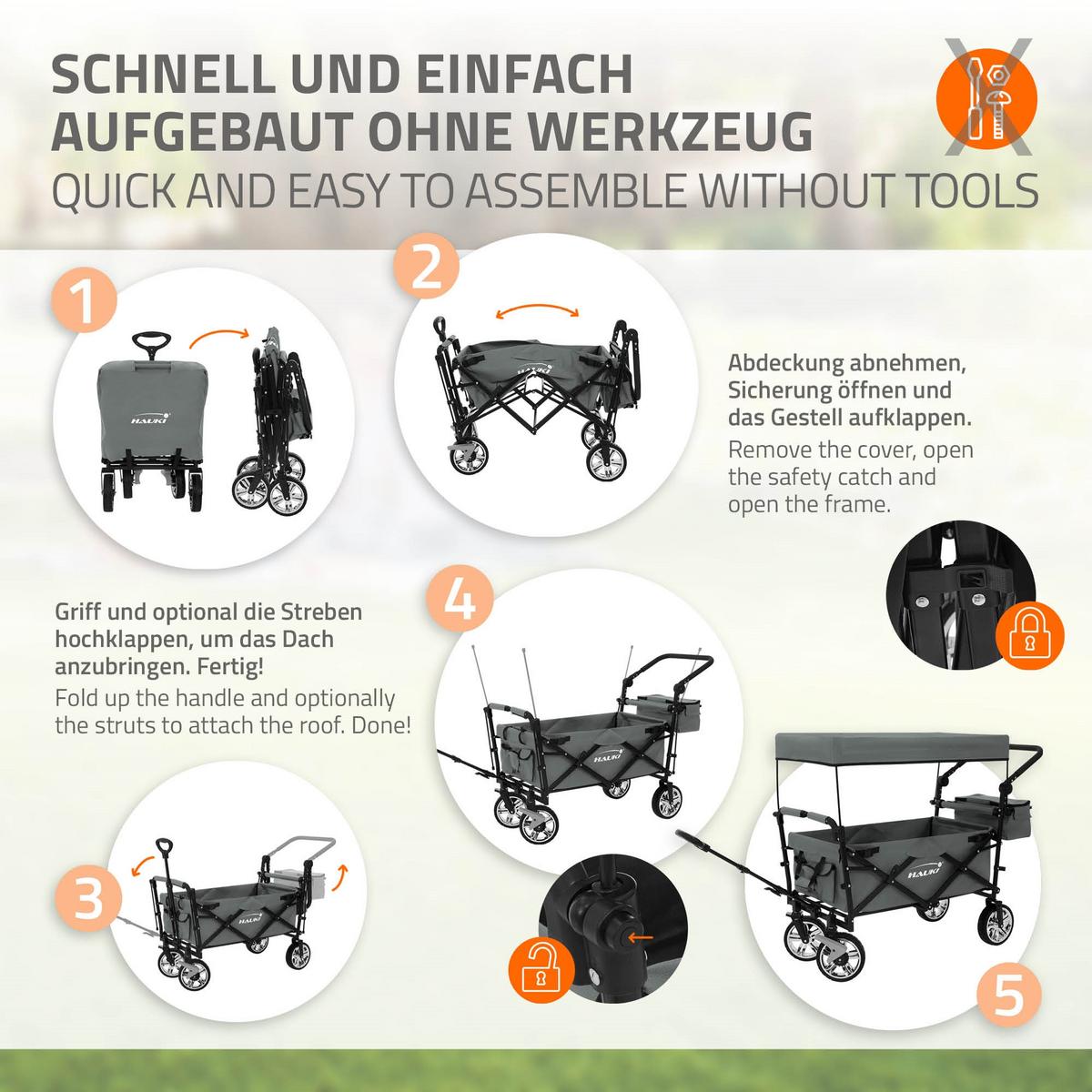 BOLLERWAGEN faltbar mit Dach XXL Grau Handwagen für Kinder Strand Picknick - Schwarz/Grau, Metall (56/99/196cm) - Hauki