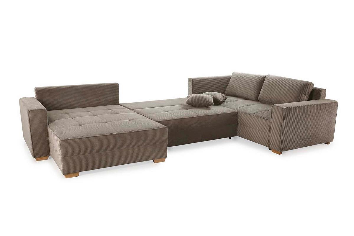 WOHNLANDSCHAFT Schlaffunktion Bettkasten Wellenunterfederung, spiegelverkehrt montierbar U-Form B379/T227/H86 cm, Cord Braun Taupe / 15197 - Eichefarben/Braun, Holz/Textil (379/86/227cm) - luma-home