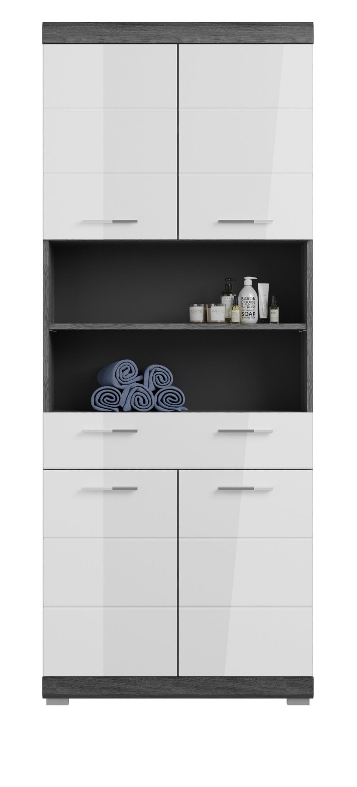 HOCHSCHRANK weiß Hochglanz, grau 4-türig 74 x 191 cm - Chromfarben/Weiß Hochglanz, Holzwerkstoff/Kunststoff (74/191/31cm) - Inn.Furn