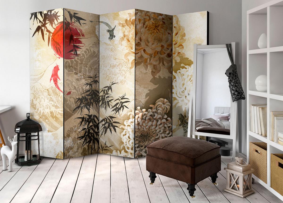 PARAVENT Beidseitig Bedruckter 5-tlg 225x172 cm Koi-Fische Japanischer - Braun, Holz/Textil (225/172/3cm) - Muralo