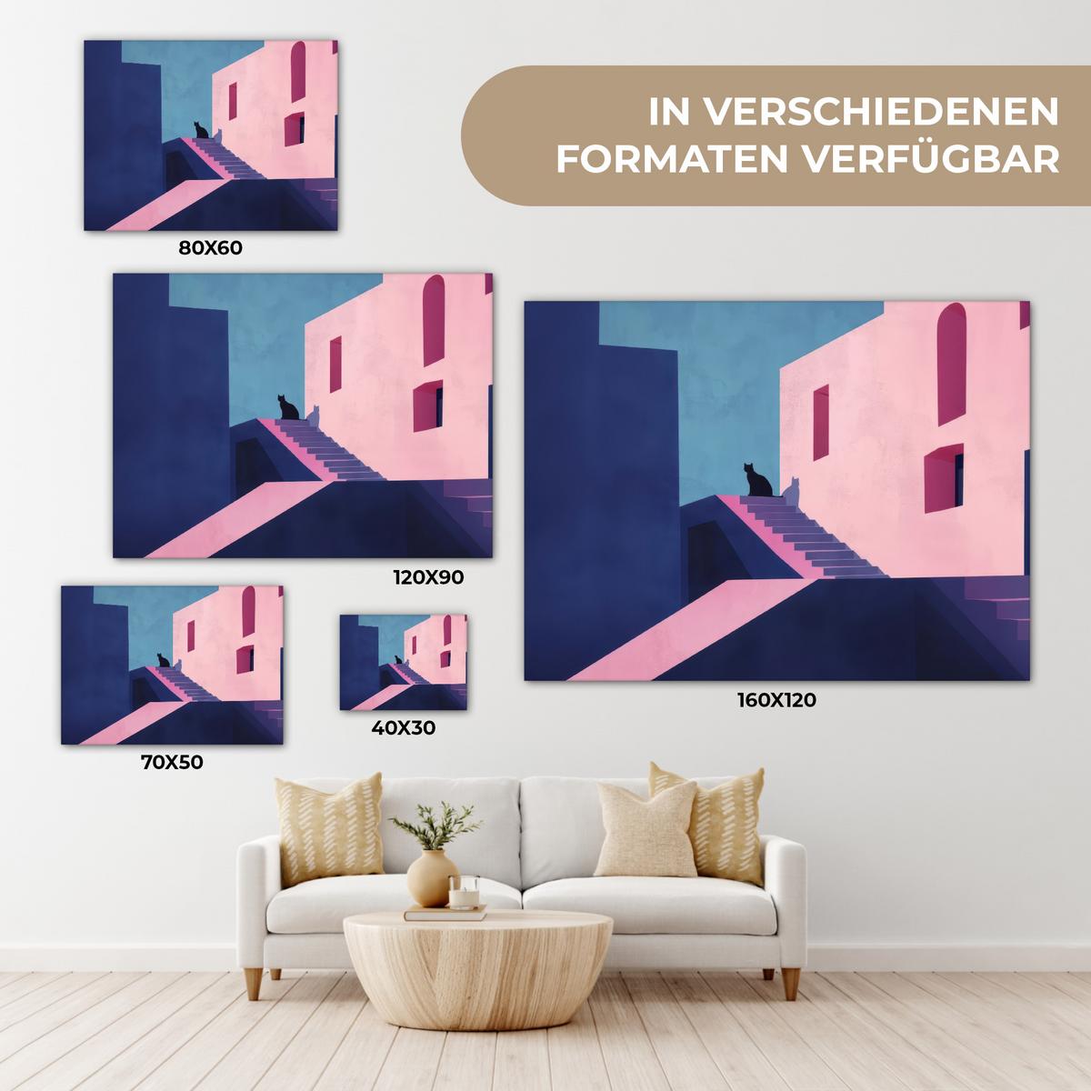 LEINWANDBILD Katze - Treppe - Gebäude - Schattenkontraste Wandbild 40x30 cm - Dunkelblau, Textil (40/30cm) - MuchoWow