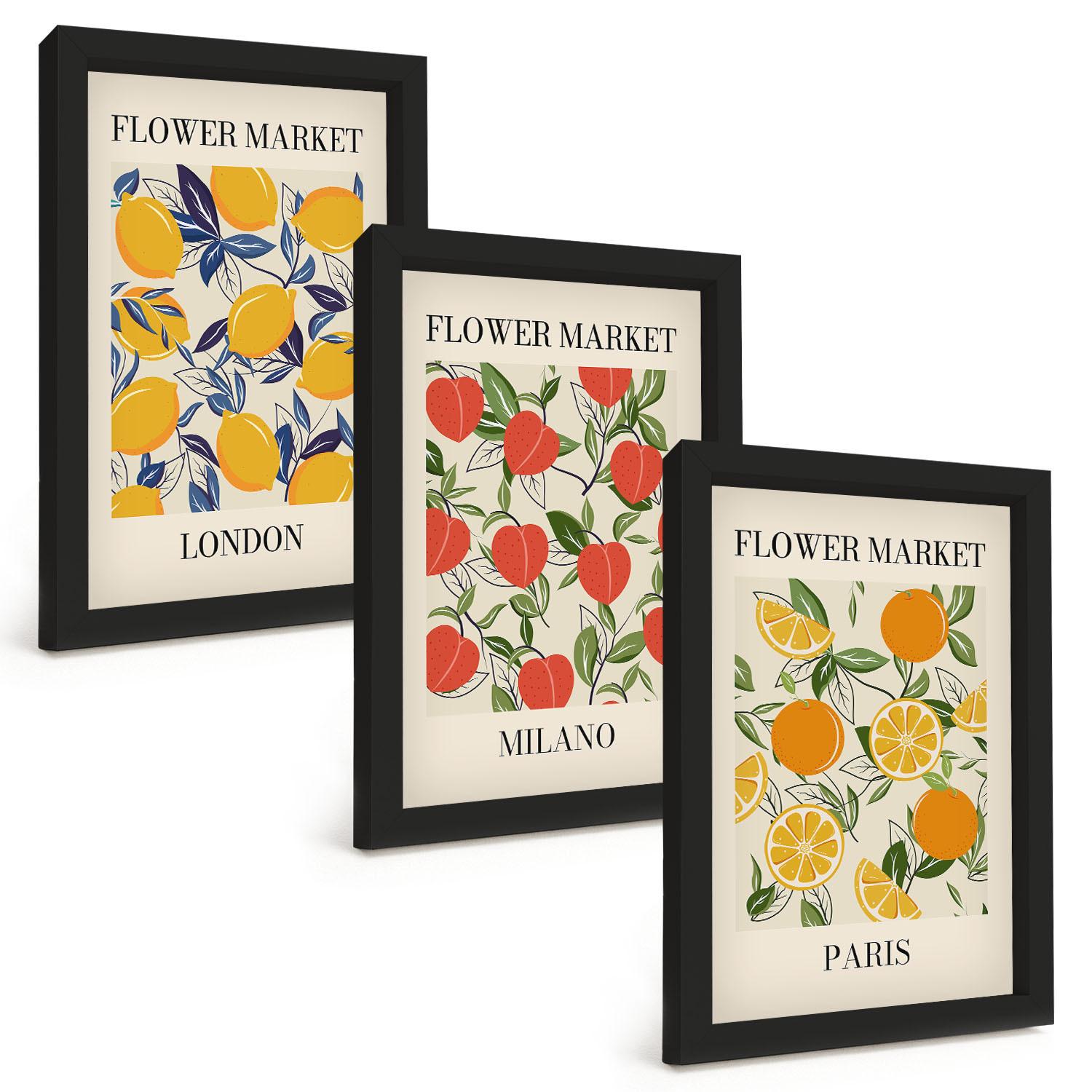 BILDER SET 3er Set - 20x30 cm Schwarzer Rahmen - Blumenplakate in Städten - Schwarz, Kunststoff (20/30cm) - TULUP