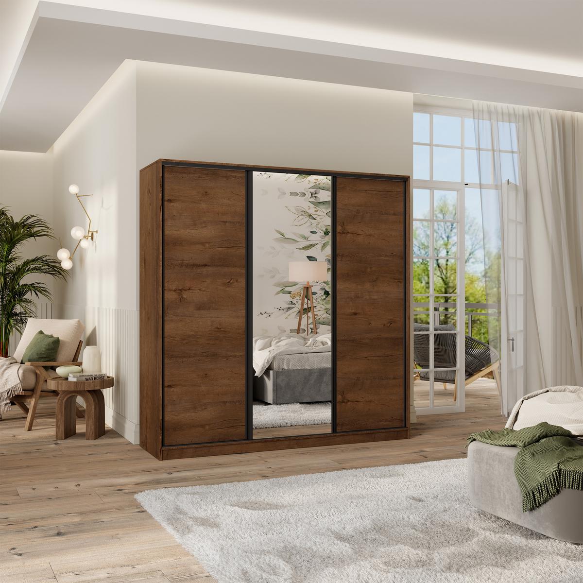 SCHWEBETÜRENSCHRANK TARI 200/205/58 cm 3-türig mit Spiegel und 4 Schubladen Eichefarben - Eichefarben, Holzwerkstoff (200/205/58cm) - MASSENO
