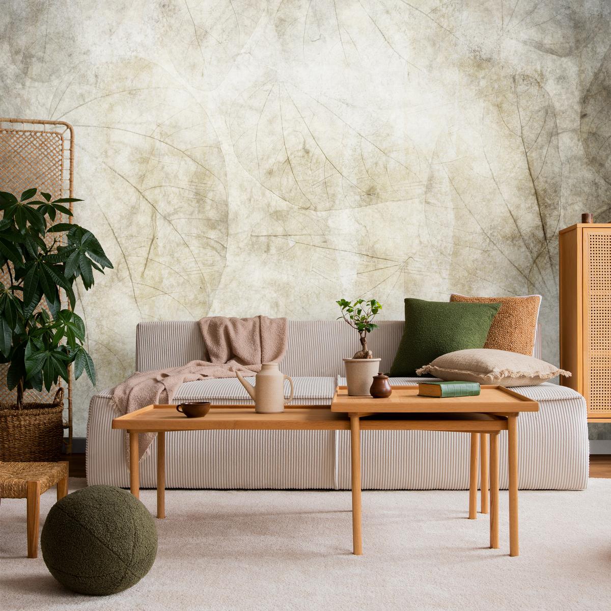 FOTOTAPETE für Wohnzimmer Blätter Beton Abstraktion 300x210 - Beige/Grau, Papier (300/210cm) - Muralo