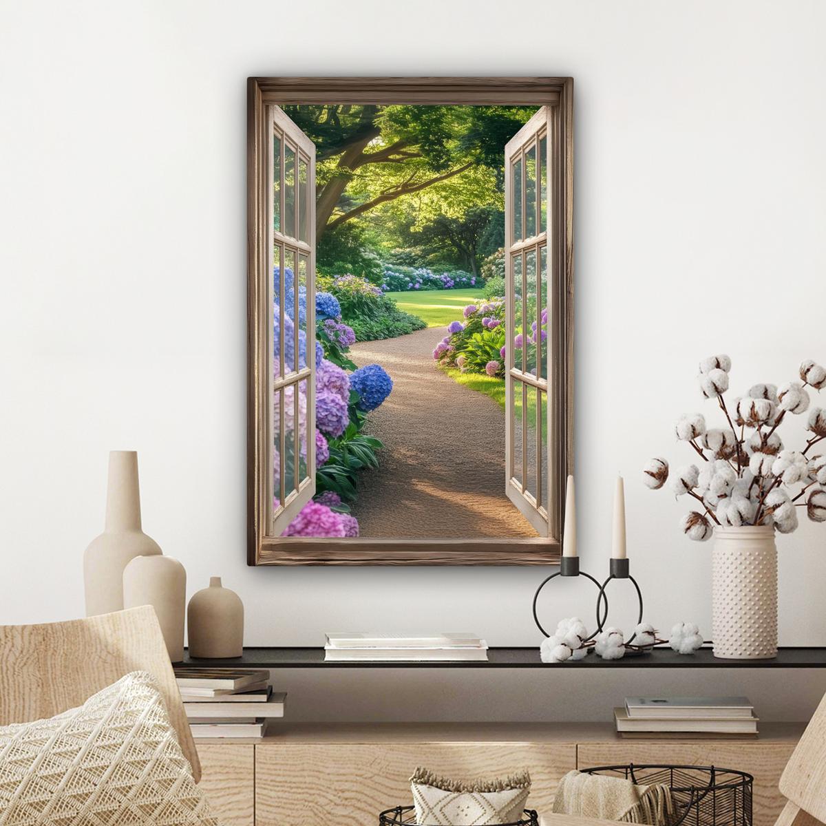 LEINWANDBILD Aussicht - Garten - Fenster - Hortensie - Blumen Wanddeko 40x60 cm - Pastellblau, Textil (40/60cm) - MuchoWow