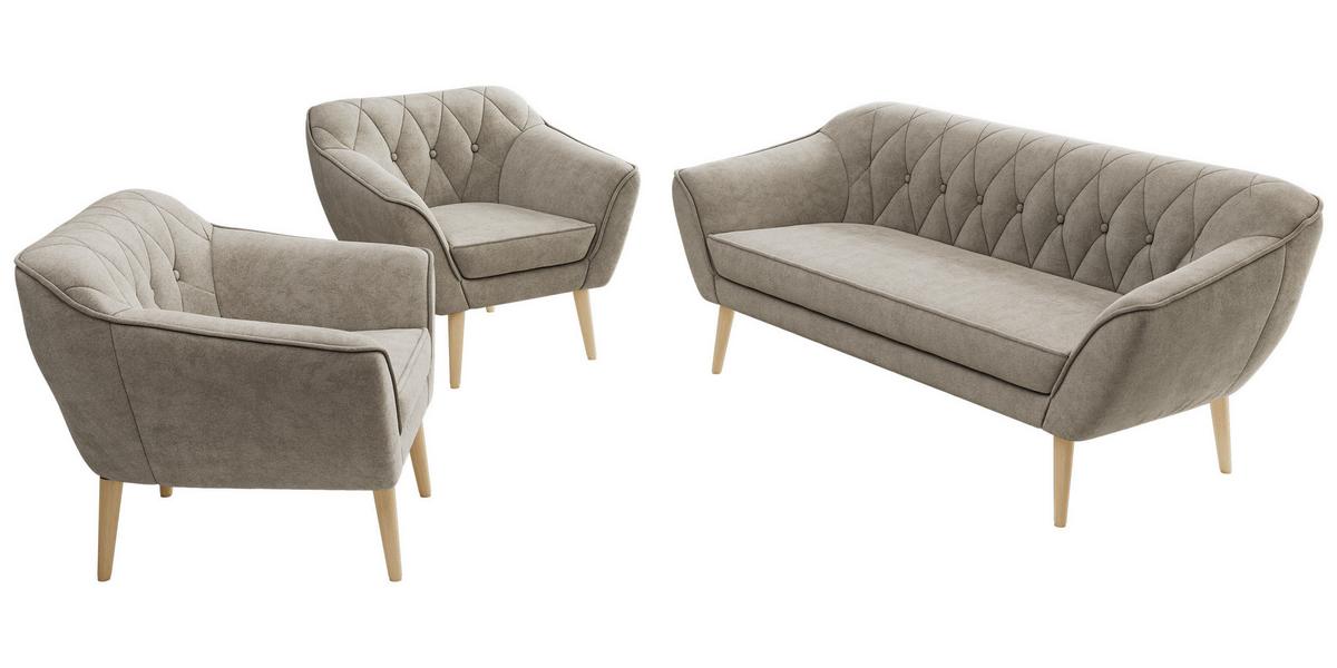 SITZGARNITUR PIRS 3+1+1 - Greige Strukture - Holzbeine - Greige/Buchefarben, Holzwerkstoff/Textil (180/75/74cm) - MKS