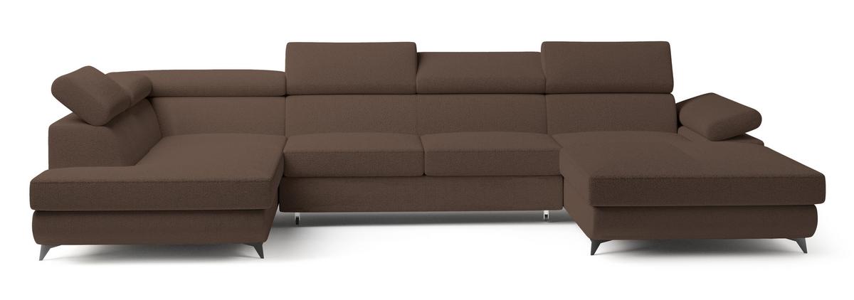 WOHNLANDSCHAFT RUBANO L-S Braun Boucle-Stoff mit Schlaffunktion - Braun, Holz (339/89/190cm) - MASSENO