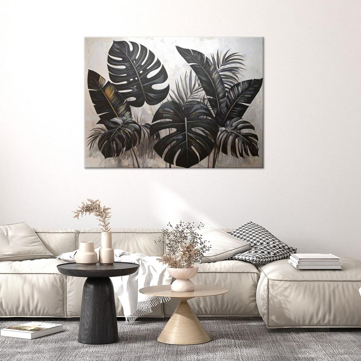 WANDBILD, Schwarze Blätter von Monstera und Bananenbaum auf grauem Hintergrund - Schwarz, Textil (45/30cm) - Feeby